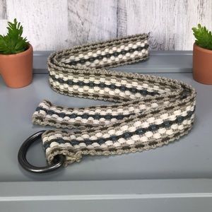 Woven Ribbon D Ring Belt Blue Tan White